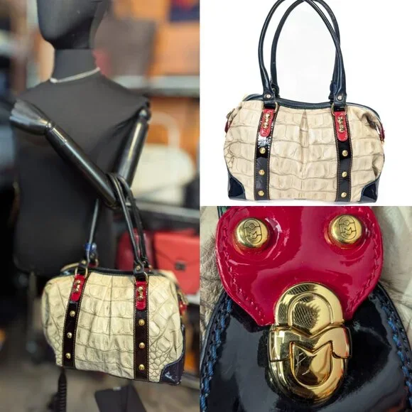 MARINO ORLANDI Cream Croc Embossed Leather Large Bag - Picture 2 of 16